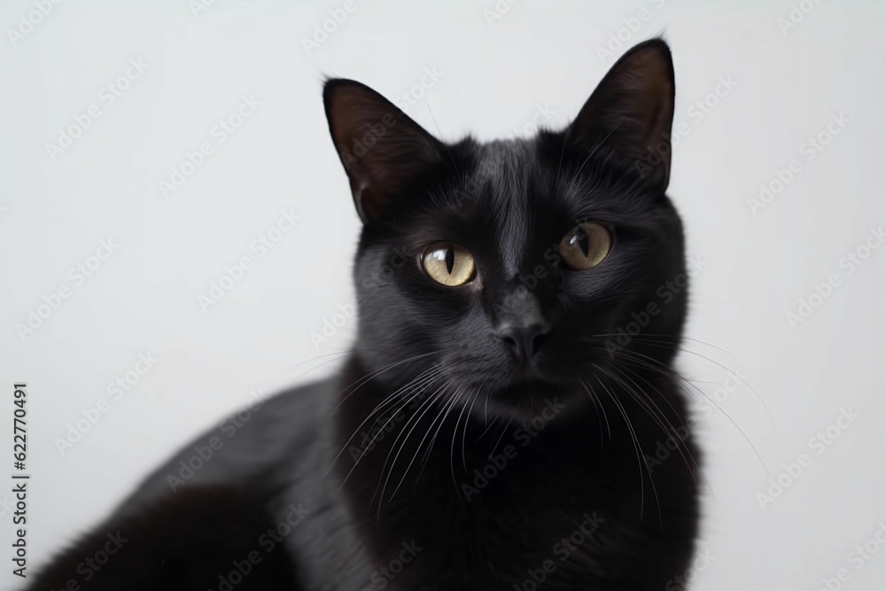AI generated illustration of a portrait of a black domestic cat on a white background