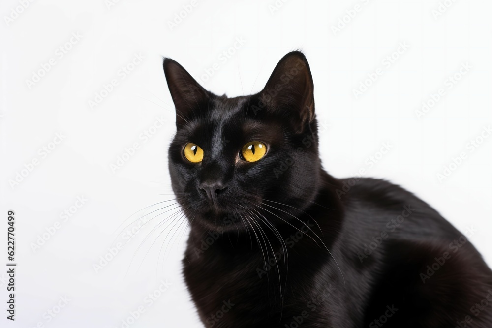 AI generated illustration of a portrait of a black domestic cat on a white background AI generated illustration of a portrait of a black domestic cat on a white background