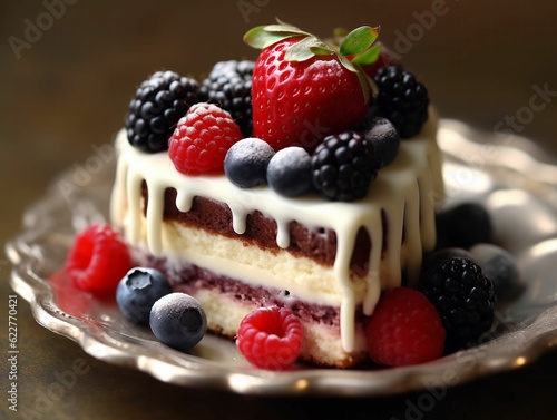 AI generated illustration of a slice of cake topped with fresh berries