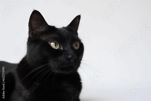 AI generated illustration of a portrait of a black domestic cat on a white background