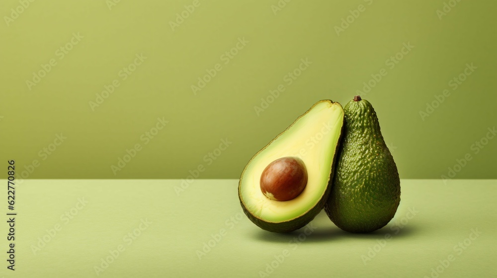 AI generated illustration of a half of a ripe avocado atop a solid green background - copy space