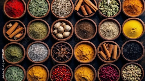 Fototapeta Naklejka Na Ścianę i Meble -  AI generated illustration of a variety of colorful spices arranged in separate bowls