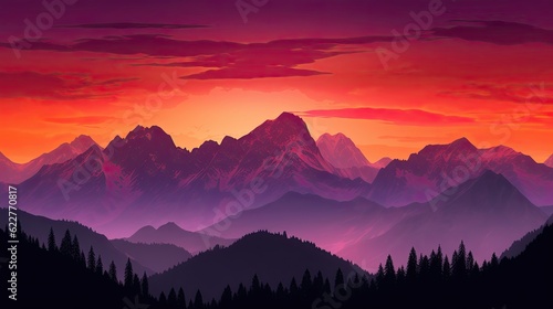silhouetted mountains at dusk illustration with red, purple and orange colors