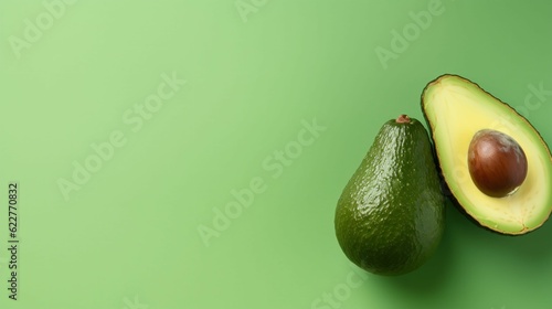 AI generated illustration of a half of a ripe avocado atop a solid green background - copy space