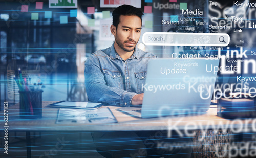 Slika na platnu Businessman, laptop and search engine for information hologram, SEO graphic and iot research