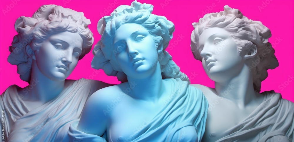 AI generated illustration of three classical stone statues on a pink background AI generated illustration of three classical stone statues on a pink background