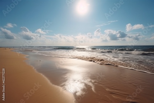 Beautiful beach with sand  turquoise ocean water and blue sky with clouds in sunny day. Ai generative.