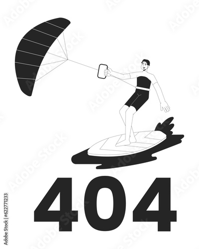 Kitesurfing black white error 404 flash message. Surfer with kite stands on board. Monochrome empty state ui design. Page not found popup cartoon image. Water sports. Vector flat outline illustration