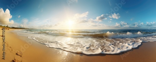 Beautiful banner beach with sand, turquoise ocean water and blue sky with clouds in sunny day. Ai generative.