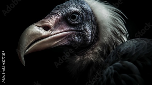 AI generated illustration of a majestic vulture with a vibrant, plumage perched on a dark backdrop