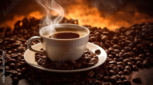 A cup of hot coffee and some coffee beans