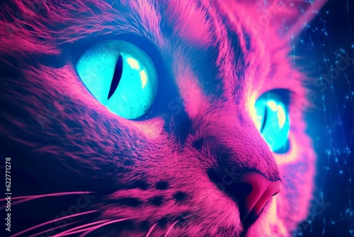 AI generated illustration of a cat's eyes in neon lights