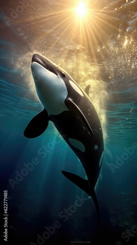 Majestic Orca whale swimming gracefully through the depths of the ocean, Ai-generated. © Chrixxi/Wirestock Creators