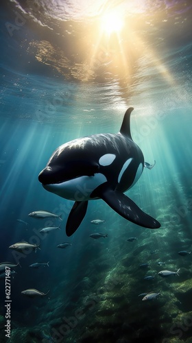 Majestic Orca whale swimming gracefully through the depths of the ocean, Ai-generated.