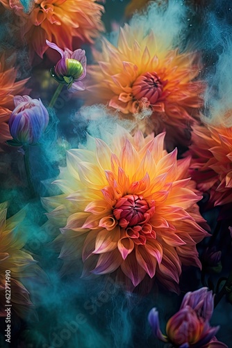 Vibrant and colorful flowers against a dark backdrop, AI-generated.