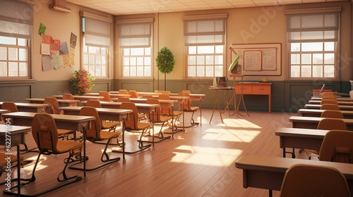 a class room has empty desks and chairs for students to study