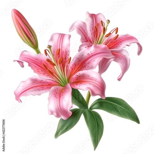 pink lily flower stalk with leaves  isolated on transparent background cutout  generative ai