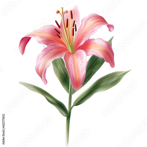 pink lily flower stalk with leaves, isolated on transparent background cutout, generative ai