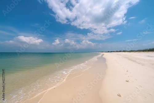 Beautiful beach with sand, turquoise ocean water and blue sky with clouds in sunny day. Ai generative. © Nataly