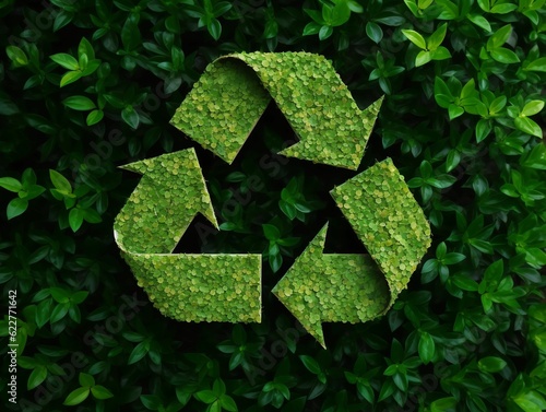 Vibrant green recycle sign surrounded by lush foliage. Ecology, environment. AI-generated.