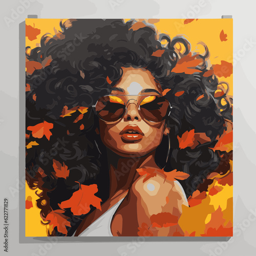 beautiful black wearing sun glasses woman fall vibes poster type style