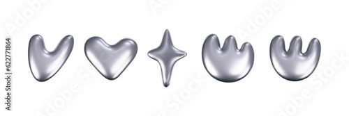 Chrome liquid 3d shapes in y2k style isolated on a white background. Render of 3d metal silver star, flower, heart and melt fluid form in aesthetic futuristic style. 3d vector y2k illustration