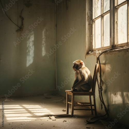 AI generated illustration of a macaque monkey sitting on a wooden chair in an abandoned building