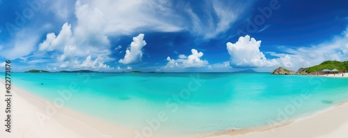 Beautiful banner beach with sand, turquoise ocean water and blue sky with clouds in sunny day. Ai generative. © Nataly