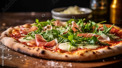 AI generated illustration of a pizza with greens and sauce on it sitting on a wood cutting board