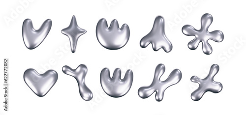 Chrome liquid 3d shapes in y2k style isolated on a white background. Render of 3d metal silver star, flower, heart and melt fluid form in aesthetic futuristic style. 3d vector y2k illustration.