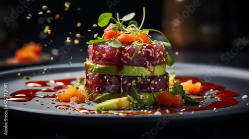 AI-generated illustration of a red tuna tartare with avocado and sesame vinaigrett