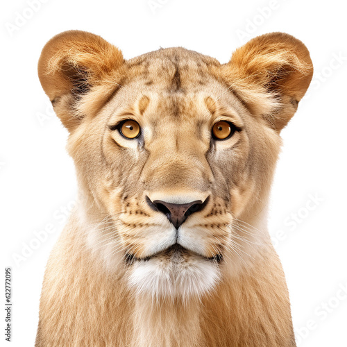 female lion face shot, isolated on transparent background
