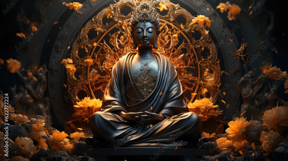 AI generated illustration of a serene Buddha statue in a room filled with lush gold flowers