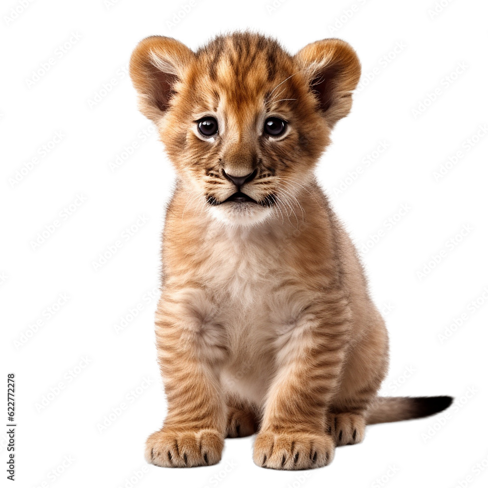 Obraz premium lion cub sitting , isolated on transparent background cutout , generative ai
