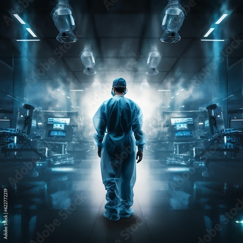 AI generated illustration of a medical professional in scrubs and a surgical gown in a hospital © Charlyvaq/Wirestock Creators