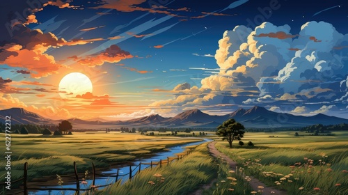 AI generated illustration of a stunning landscape painting featuring a tranquil landscape at sunset