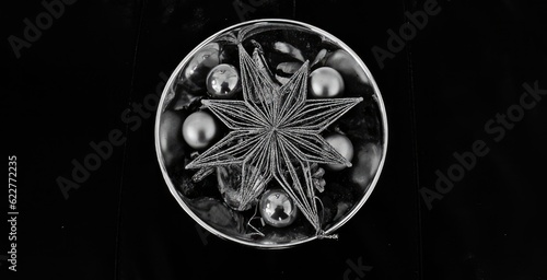 An icey snowflake encased in an orb on a black backdrop photo