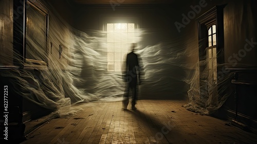 AI generated illustration of an anonymous man in a dimly lit room, standing near a window © Chrixxi/Wirestock Creators
