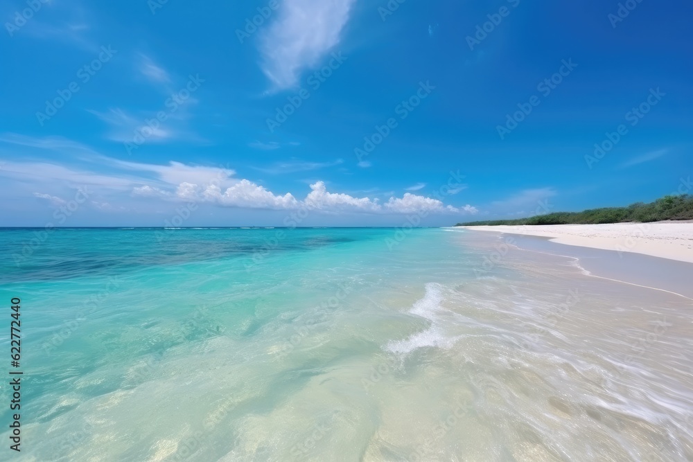 Beautiful beach with sand, turquoise ocean water and blue sky with clouds in sunny day. Ai generative.