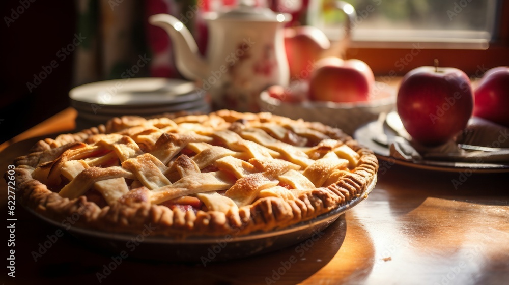 AI generated plate with a freshly-baked apple pie