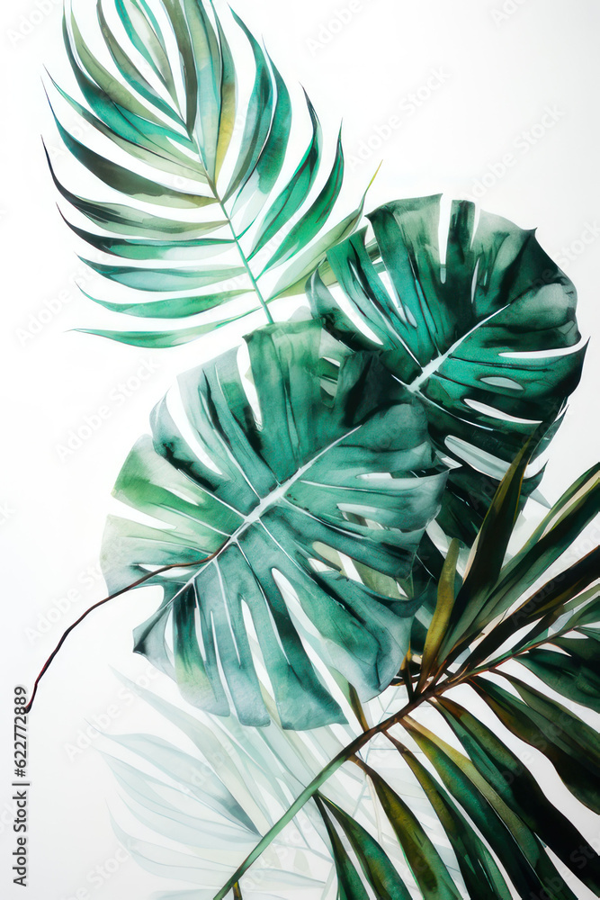 Vertical background. Palm leaves on a white background, watercolor style. AI generative. Vertical background. Palm leaves on a white background, watercolor style. AI generative.