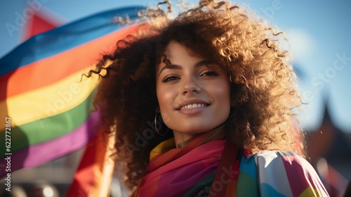 Beautiful young woman standing proudly with the rainbow flag. AI-generated.