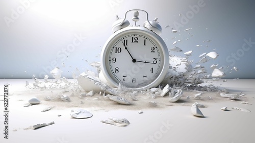 Alarm clock with white fragments scattered around it. Deadline concept. AI-generated.