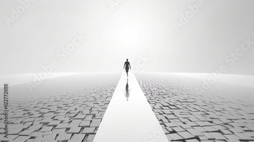 Human silhouetted pictured in a surreal white space. AI-generated.