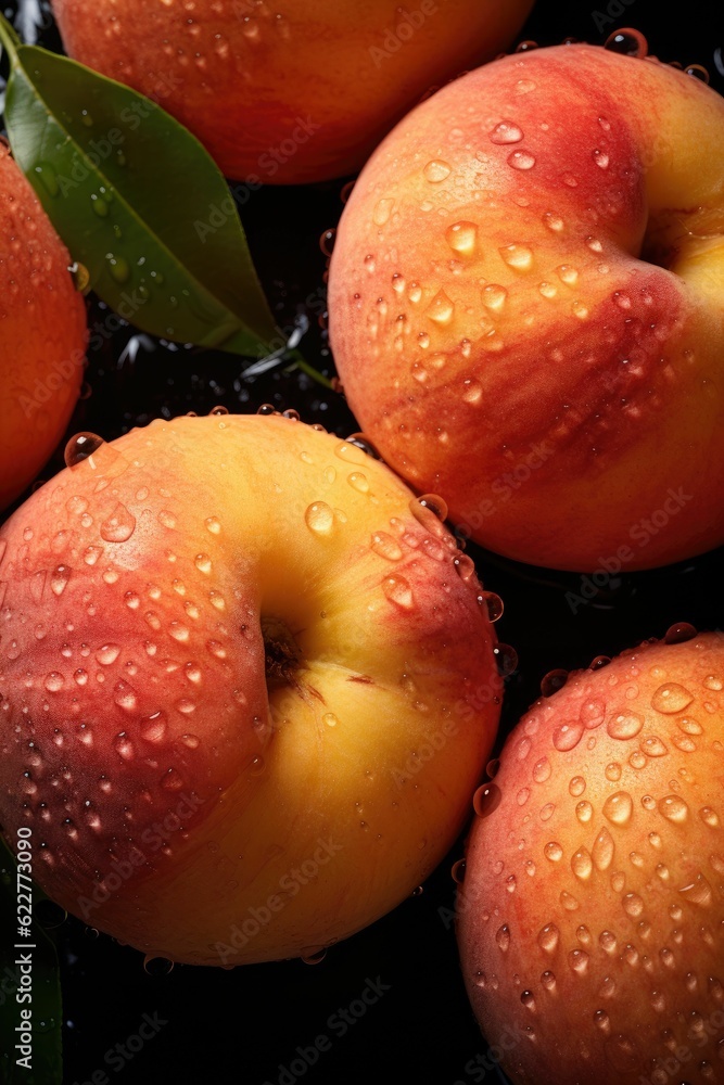 AI generated illustration of fresh ripe peaches with water drops AI generated illustration of fresh ripe peaches with water drops