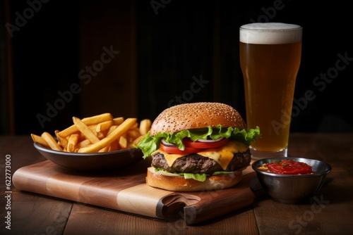 a burger with a side of french fries and a mug of beer