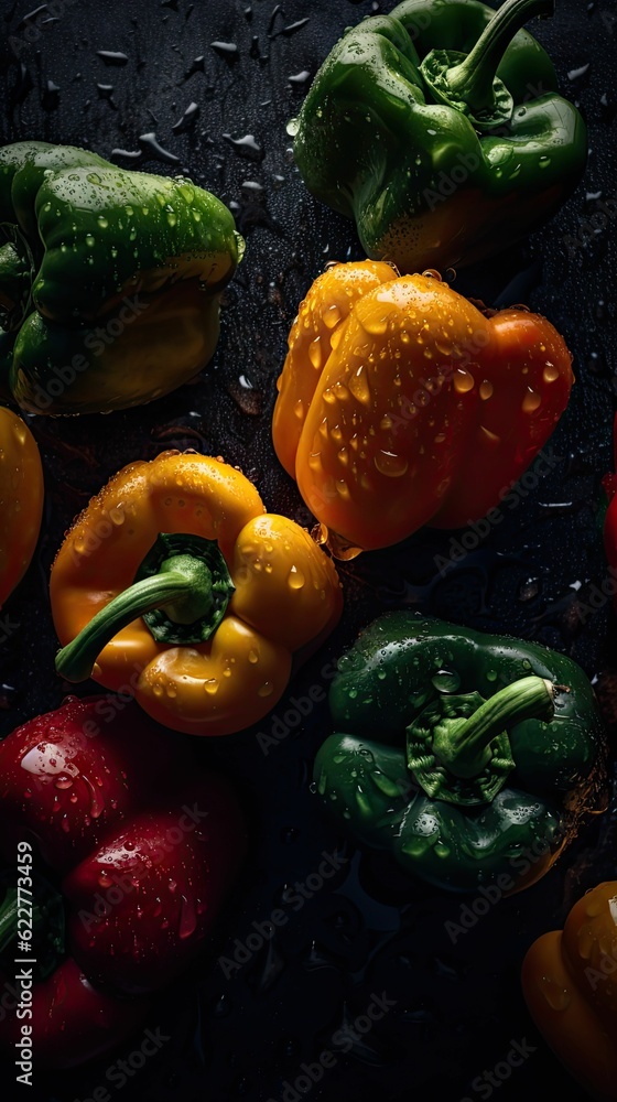 AI generated illustration of colorful bell peppers in a dark setting, perfect for backgrounds