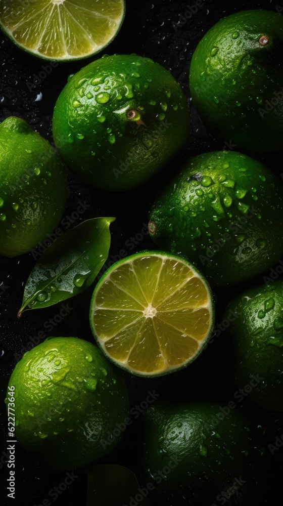 AI generated illustration of vibrant limes in a dark setting, perfect for backgrounds AI generated illustration of vibrant limes in a dark setting, perfect for backgrounds