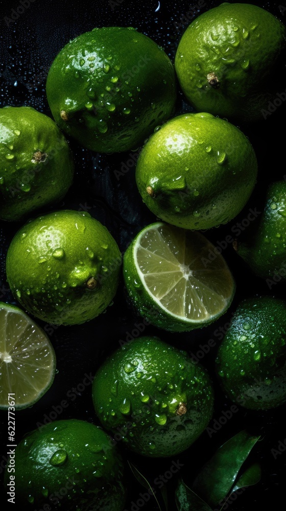 AI generated illustration of vibrant limes in a dark setting, perfect for backgrounds AI generated illustration of vibrant limes in a dark setting, perfect for backgrounds