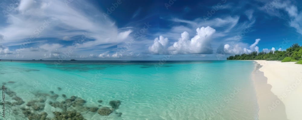 Fototapeta premium Beautiful banner beach with sand, turquoise ocean water and blue sky with clouds in sunny day. Ai generative.